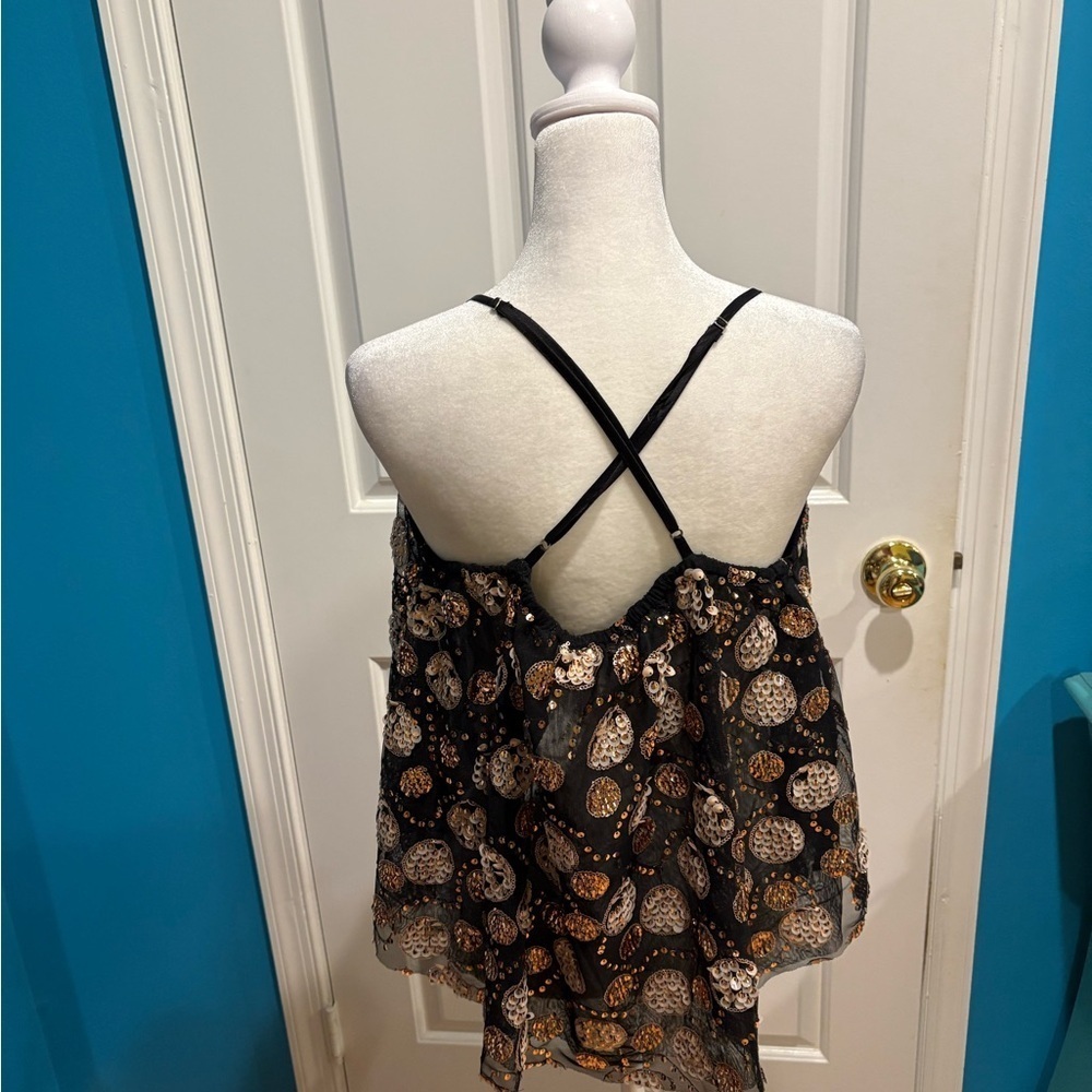 Anthropologie Let Me Be Embellished Tank top sequence M black gold new NWT - Picture 4 of 8
